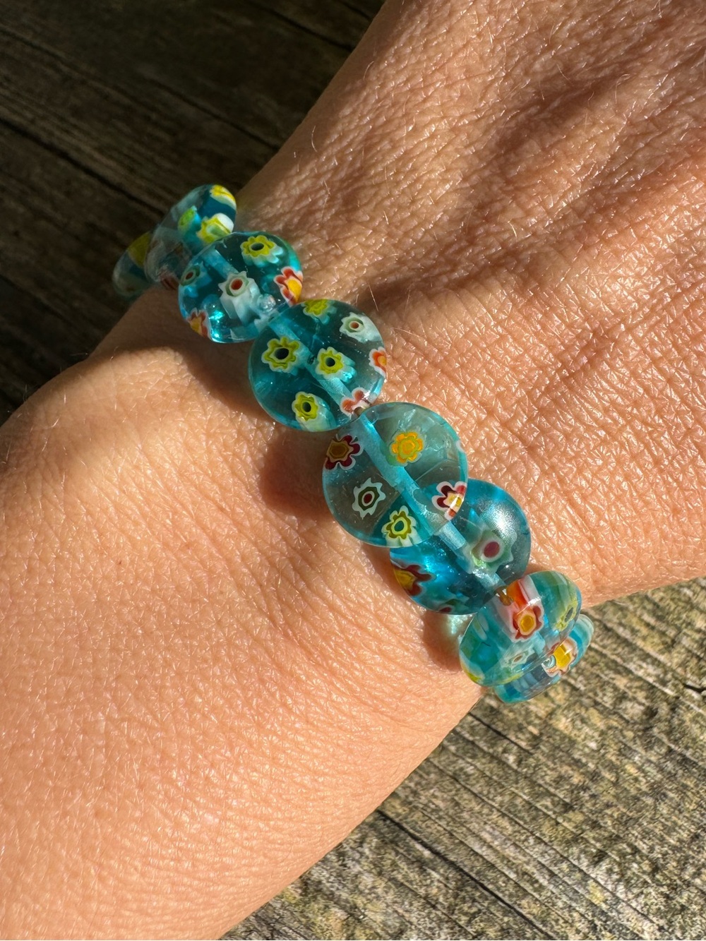 Teal Blue Millefiori Floral Glass Bead Bracelet - Sterling Silver Toggle Clasp